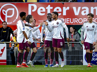 Players of Ajax celebrate the goal. AFC Ajax Amsterdam forward Mika Godts and AFC Ajax Amsterdam forward Chuba Akpom during the match RKC -...