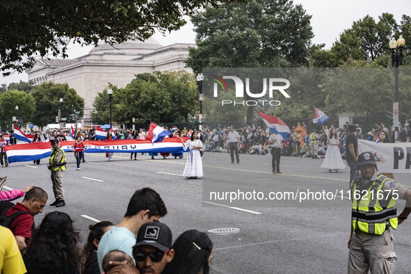 A parade takes place in Washington, DC, USA, on September 29, 2024, for Hispanic Heritage Month. 