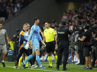 Thibaut Courtois goalkeeper of Real Madrid and Belgium retire because of the temporary suspension of the match due to the throwing of object...