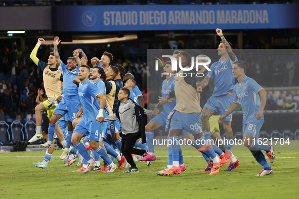 Napoli's players celebrate at the end of the Serie A soccer match SSC Napoli vs. Monza at Stadio Maradona in Naples, Italy, on September 29,...