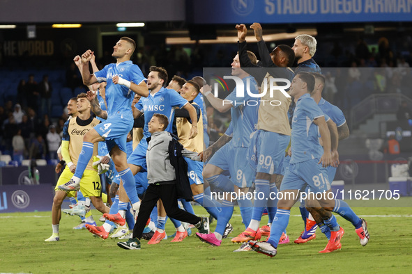 Napoli's players celebrate at the end of the Serie A soccer match SSC Napoli vs. Monza at Stadio Maradona in Naples, Italy, on September 29,...