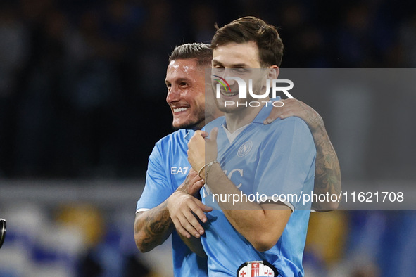 Pasquale Mazzocchi and Khvicha Kvaratskhelia of Napoli at the end of the Serie A soccer match between SSC Napoli and Monza at Stadio Maradon...