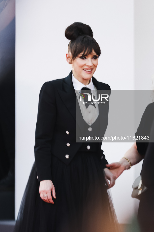 Winona Ryder attends the red carpet for the premiere of Beetlejuice Beetlejuice during the 81st Venice International Film Festival at Palazz...