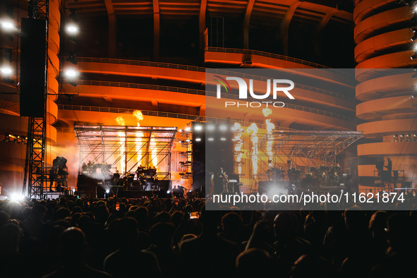 Lazza performs live during the Locura Opera N. 1 Tour at Piazzale Angelo Moratti in front of San Siro Stadium in Milan, Italy, on September...