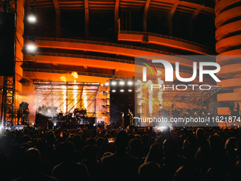 Lazza performs live during the Locura Opera N. 1 Tour at Piazzale Angelo Moratti in front of San Siro Stadium in Milan, Italy, on September...