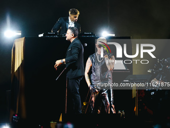 Lazza performs live during the Locura Opera N. 1 Tour at Piazzale Angelo Moratti in front of San Siro Stadium in Milan, Italy, on September...