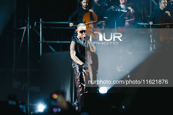 Lazza performs live during the Locura Opera N. 1 Tour at Piazzale Angelo Moratti in front of San Siro Stadium in Milan, Italy, on September...