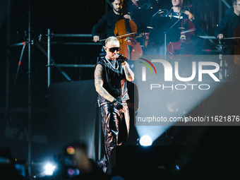 Lazza performs live during the Locura Opera N. 1 Tour at Piazzale Angelo Moratti in front of San Siro Stadium in Milan, Italy, on September...