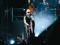 Lazza performs live during the Locura Opera N. 1 Tour at Piazzale Angelo Moratti in front of San Siro Stadium in Milan, Italy, on September...