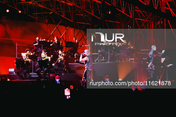 Lazza performs live during the Locura Opera N. 1 Tour at Piazzale Angelo Moratti in front of San Siro Stadium in Milan, Italy, on September...