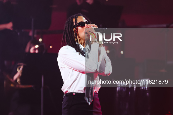 Ghali performs live during the Locura Opera N. 1 Tour at Piazzale Angelo Moratti in front of San Siro Stadium in Milan, Italy, on September...