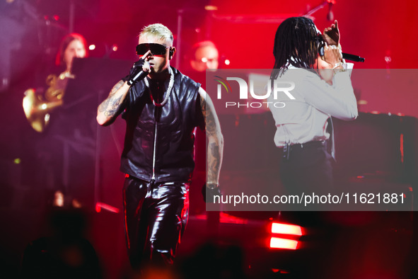 Lazza performs live during the Locura Opera N. 1 Tour at Piazzale Angelo Moratti in front of San Siro Stadium in Milan, Italy, on September...