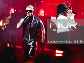 Lazza performs live during the Locura Opera N. 1 Tour at Piazzale Angelo Moratti in front of San Siro Stadium in Milan, Italy, on September...