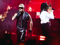 Lazza performs live during the Locura Opera N. 1 Tour at Piazzale Angelo Moratti in front of San Siro Stadium in Milan, Italy, on September...