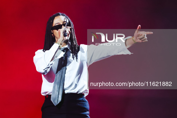 Ghali performs live during the Locura Opera N. 1 Tour at Piazzale Angelo Moratti in front of San Siro Stadium in Milan, Italy, on September...