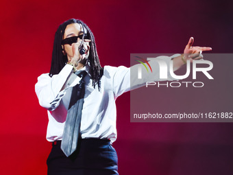 Ghali performs live during the Locura Opera N. 1 Tour at Piazzale Angelo Moratti in front of San Siro Stadium in Milan, Italy, on September...