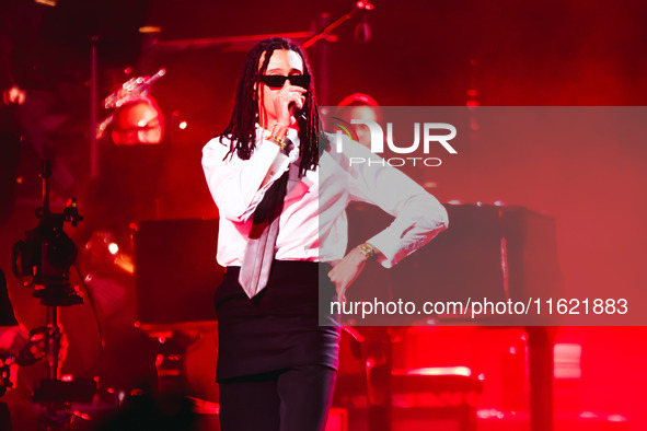 Ghali performs live during the Locura Opera N. 1 Tour at Piazzale Angelo Moratti in front of San Siro Stadium in Milan, Italy, on September...