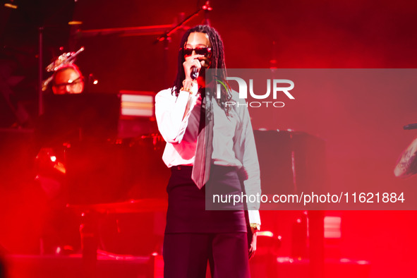 Ghali performs live during the Locura Opera N. 1 Tour at Piazzale Angelo Moratti in front of San Siro Stadium in Milan, Italy, on September...