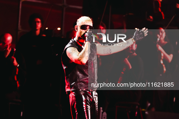 Lazza performs live during the Locura Opera N. 1 Tour at Piazzale Angelo Moratti in front of San Siro Stadium in Milan, Italy, on September...