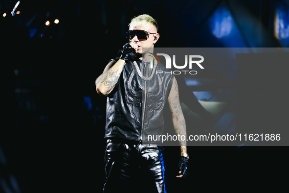 Lazza performs live during the Locura Opera N. 1 Tour at Piazzale Angelo Moratti in front of San Siro Stadium in Milan, Italy, on September...