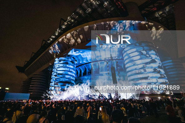 Lazza performs live during the Locura Opera N. 1 Tour at Piazzale Angelo Moratti in front of San Siro Stadium in Milan, Italy, on September...