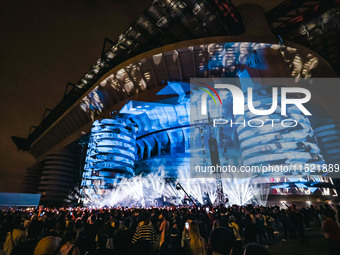 Lazza performs live during the Locura Opera N. 1 Tour at Piazzale Angelo Moratti in front of San Siro Stadium in Milan, Italy, on September...