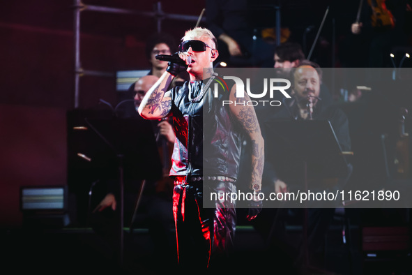 Lazza performs live during the Locura Opera N. 1 Tour at Piazzale Angelo Moratti in front of San Siro Stadium in Milan, Italy, on September...