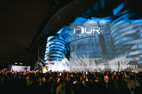 Lazza performs live during the Locura Opera N. 1 Tour at Piazzale Angelo Moratti in front of San Siro Stadium in Milan, Italy, on September...