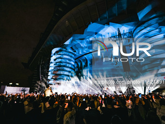 Lazza performs live during the Locura Opera N. 1 Tour at Piazzale Angelo Moratti in front of San Siro Stadium in Milan, Italy, on September...