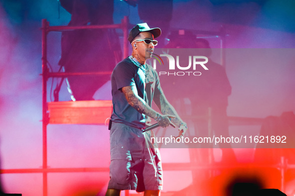 Sfera Ebbasta performs live during the Locura Opera N. 1 Tour at Piazzale Angelo Moratti in front of San Siro Stadium in Milan, Italy, on Se...