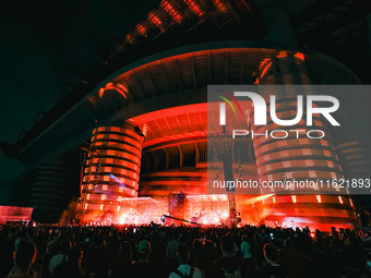 Lazza performs live during the Locura Opera N. 1 Tour at Piazzale Angelo Moratti in front of San Siro Stadium in Milan, Italy, on September...