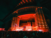 Lazza performs live during the Locura Opera N. 1 Tour at Piazzale Angelo Moratti in front of San Siro Stadium in Milan, Italy, on September...