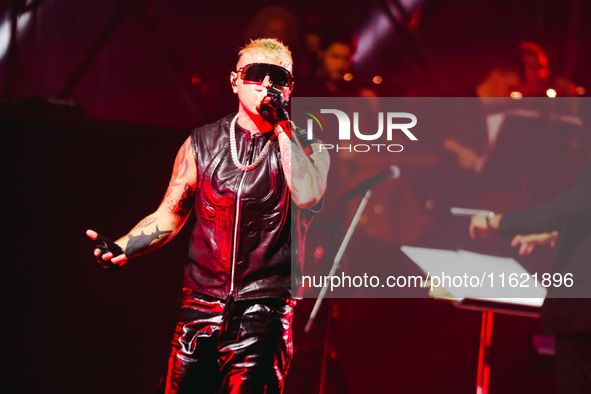 Lazza performs live during the Locura Opera N. 1 Tour at Piazzale Angelo Moratti in front of San Siro Stadium in Milan, Italy, on September...