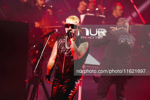 Lazza performs live during the Locura Opera N. 1 Tour at Piazzale Angelo Moratti in front of San Siro Stadium in Milan, Italy, on September...