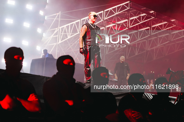 Lazza performs live during the Locura Opera N. 1 Tour at Piazzale Angelo Moratti in front of San Siro Stadium in Milan, Italy, on September...