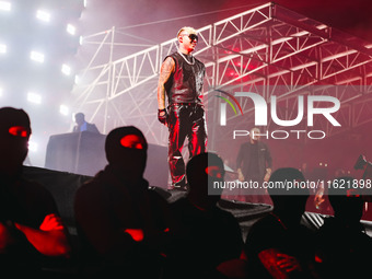 Lazza performs live during the Locura Opera N. 1 Tour at Piazzale Angelo Moratti in front of San Siro Stadium in Milan, Italy, on September...