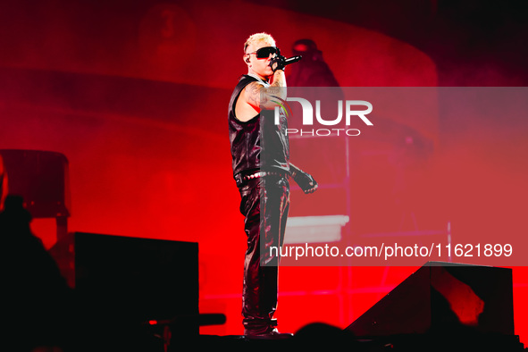 Lazza performs live during the Locura Opera N. 1 Tour at Piazzale Angelo Moratti in front of San Siro Stadium in Milan, Italy, on September...