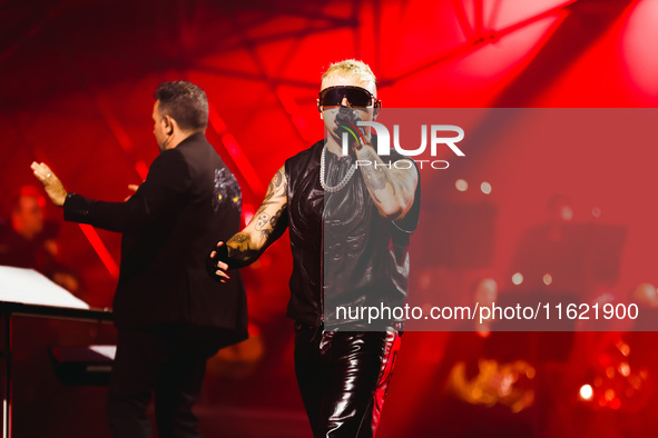 Lazza performs live during the Locura Opera N. 1 Tour at Piazzale Angelo Moratti in front of San Siro Stadium in Milan, Italy, on September...