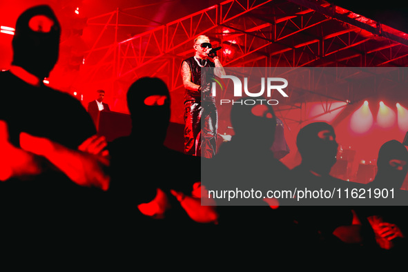 Lazza performs live during the Locura Opera N. 1 Tour at Piazzale Angelo Moratti in front of San Siro Stadium in Milan, Italy, on September...