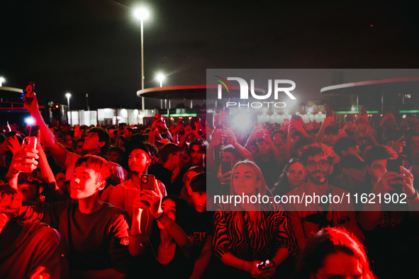 Lazza performs live during the Locura Opera N. 1 Tour at Piazzale Angelo Moratti in front of San Siro Stadium in Milan, Italy, on September...