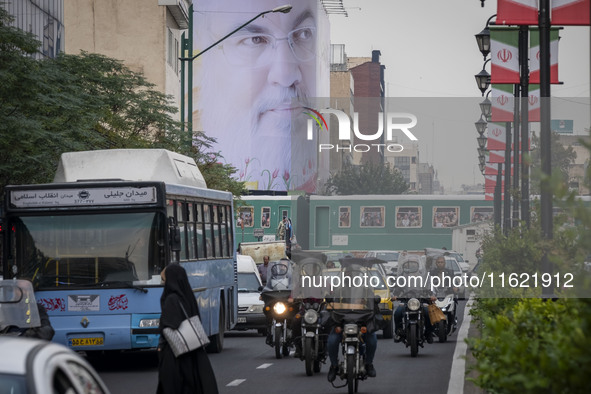 A giant banner featuring a portrait of Lebanon's Hezbollah Secretary General, Hassan Nasrallah, who was killed in an Israeli air strike in a...