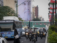 A giant banner featuring a portrait of Lebanon's Hezbollah Secretary General, Hassan Nasrallah, who was killed in an Israeli air strike in a...