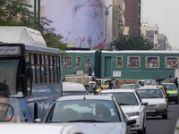 A giant banner featuring a portrait of Lebanon's Hezbollah Secretary General, Hassan Nasrallah, who was killed in an Israeli air strike in a...