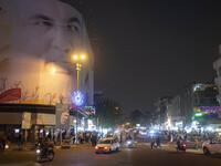 A giant banner featuring a portrait of Lebanon's Hezbollah Secretary General, Hassan Nasrallah, who was killed in an Israeli air strike in a...