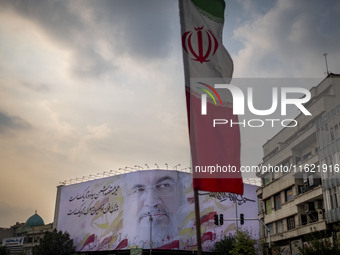 A giant banner featuring a portrait of Lebanon's Hezbollah Secretary General, Hassan Nasrallah, who was killed in an Israeli air strike in a...