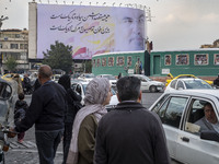 A giant banner featuring a portrait of Lebanon's Hezbollah Secretary General, Hassan Nasrallah, who was killed in an Israeli air strike in a...