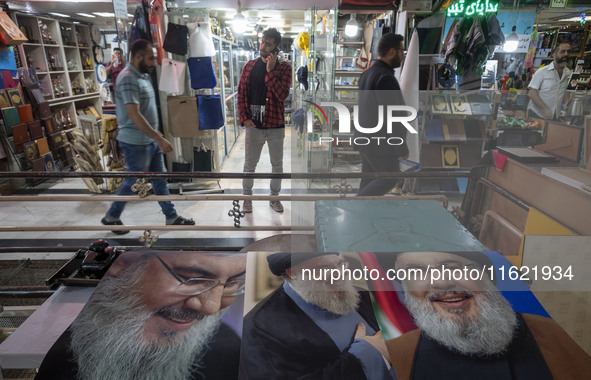 Posters featuring portraits of Lebanon's Hezbollah Secretary General, Hassan Nasrallah, who is killed in an Israeli air strike in a suburb o...