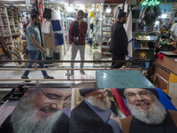 Posters featuring portraits of Lebanon's Hezbollah Secretary General, Hassan Nasrallah, who is killed in an Israeli air strike in a suburb o...