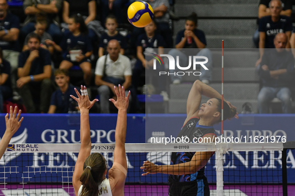 Avery Skinner of Chieri '76 is in action during the International Trophy ''Una squadra per un sorriso,'' Final 1st-2nd place match between R...