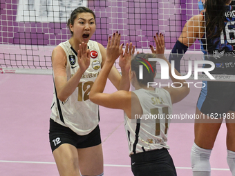 VakifBank Spor Kulubu celebrates the team's international trophy ''Una squadra per un sorriso'' during the final 1st-2nd place match between...